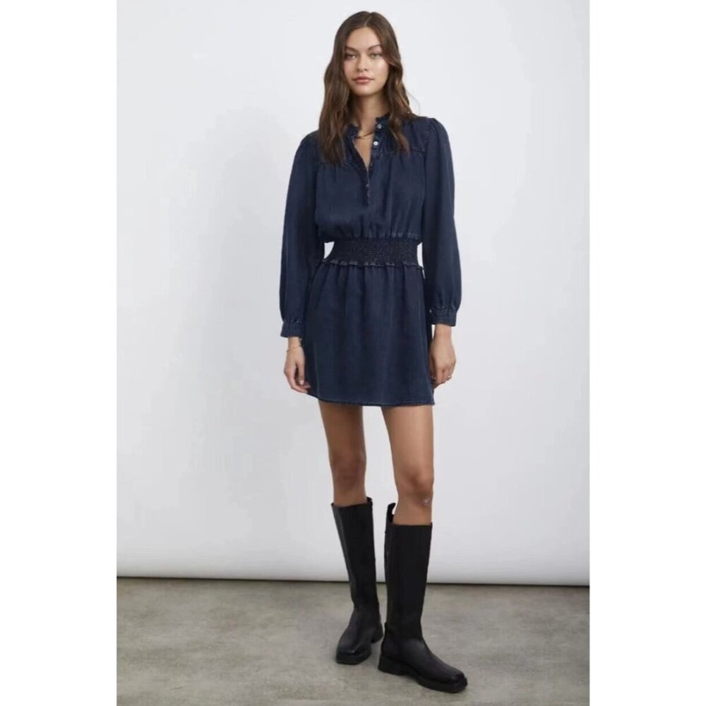 NEW Rails Large Shawna Dark Vintage Denim Mini Dress Long Sleeves‎ 100% Tencel